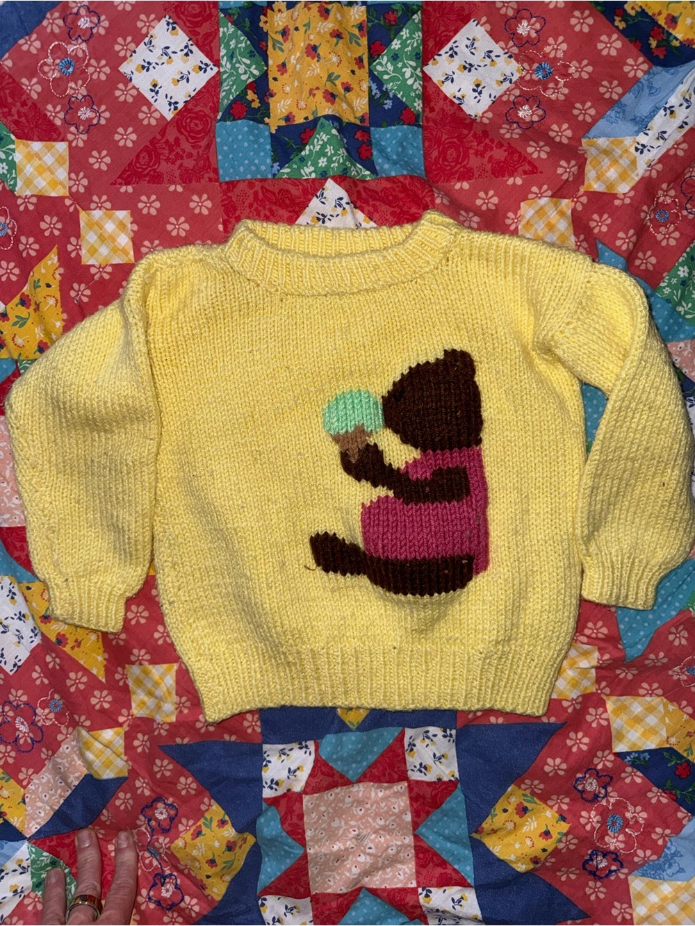 Handmade Yellow Kids Knit Sweater with Bear Intarsia
